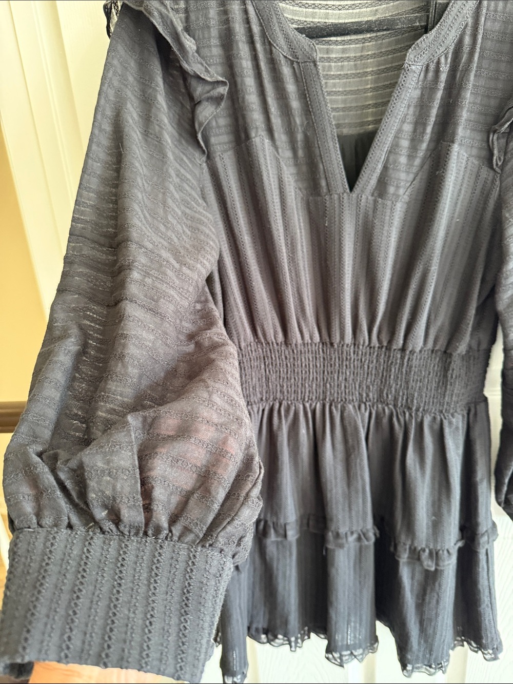 Women’s Black Smocked Waist Long Sleeve Dress - Picture 2 of 10